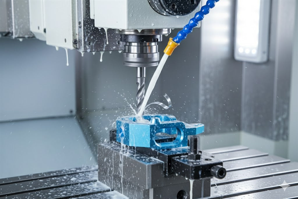 Multi-Axis CNC Milling Machine Cutting A Complex Metal Component With A Rotating End Mill Tool